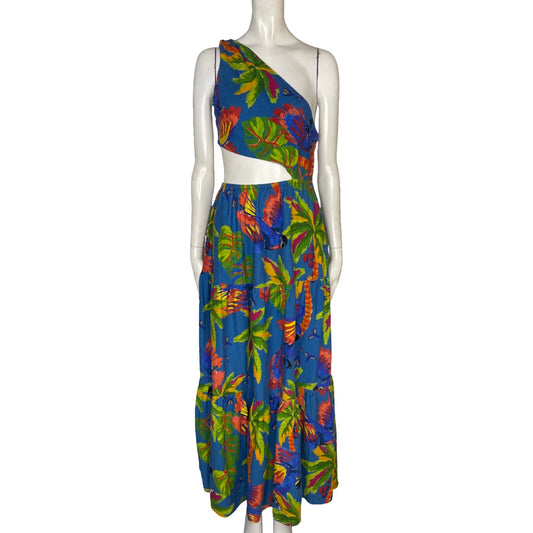 Vestido Farm Rio One Shoulder Abertura Floral  Azul - Talla M