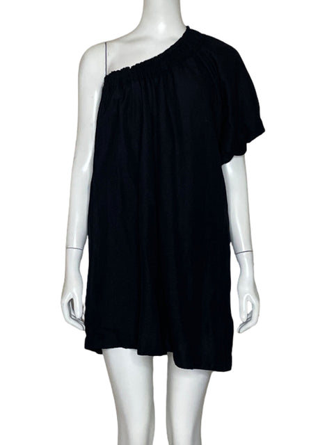 Vestido Anthropologie One Shoulder Lino Negro - Talla S