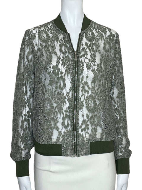 Bomber Zara Encajes Cremallera Verde-Talla M