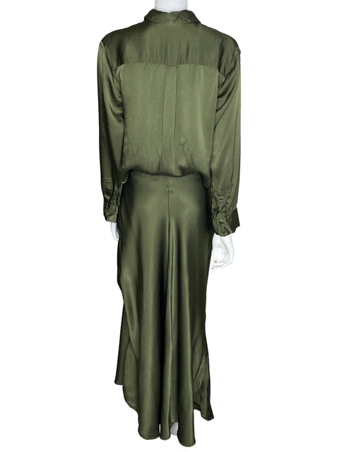 Vestido Zara Maxi Camisero Satin Verde-Talla XL