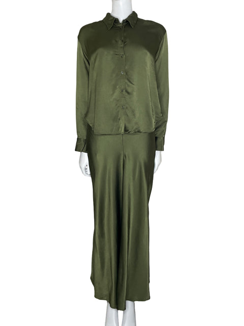 Vestido Zara Maxi Camisero Satin Verde-Talla XL