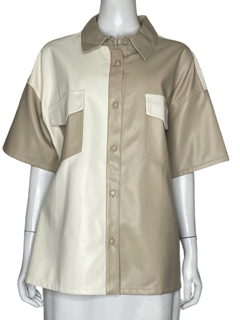 Camisa Lelis Efecto Piel Bolsillos Beige - Talla L