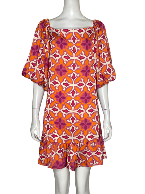 Vestido Silka Estampado Mangas Puff Naranja - Talla L
