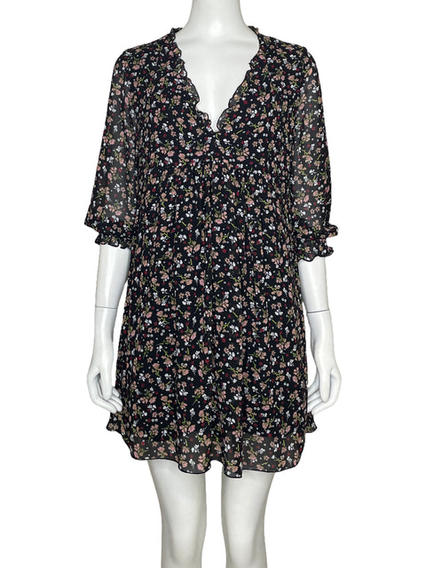 Vestido Zara Floral Escote V Negro-Talla XS