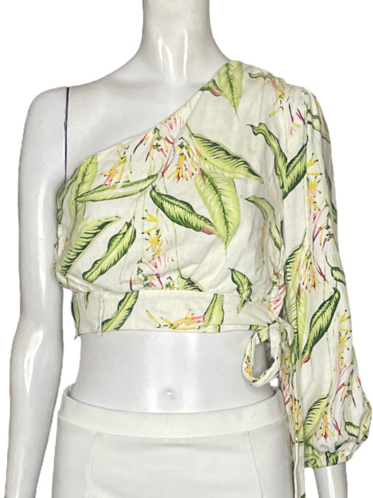 Blusa BCBG One Shoulder Hojas Blanco - Talla XXS