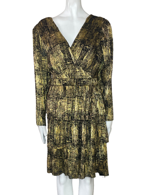 Vestido BCBG Capas Vuelo Dorado-Talla 6