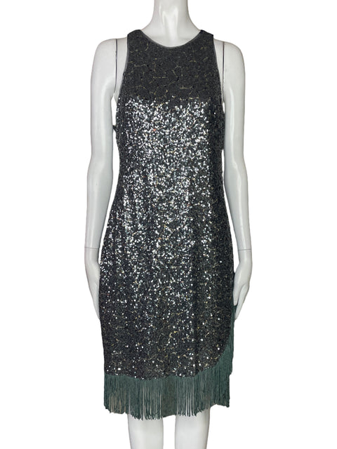 Vestido Betsy Adam Lentejuelas Flecos Gris-Talla 12