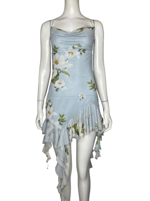 Vestido Zara Asimetrico Flores Azul - Talla S