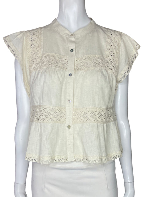 Blusa Zara Botones Bordes Encaje Beige-Talla S