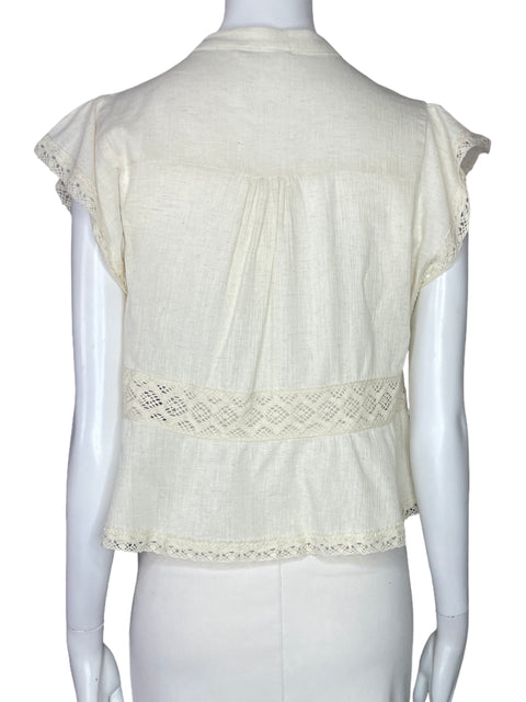 Blusa Zara Botones Bordes Encaje Beige-Talla S