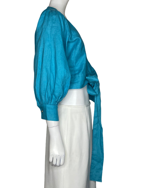 Blusa La Brise Cruzada Mangas Puff Azul - Talla S