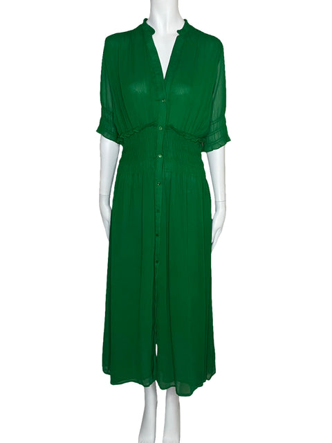 Vestido Zara Camisero Fruncido Verde-Talla S