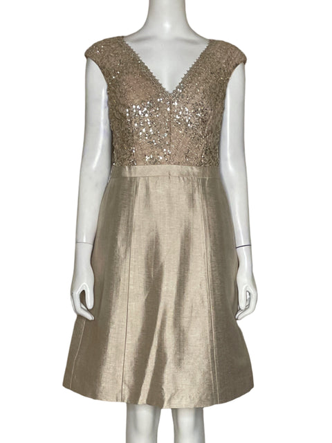 Vestido Kay Unger Cuello en V Dorado-Talla M