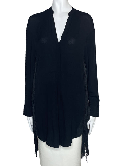 Blusa Zara Cuello V Flecos Negro-Talla XS