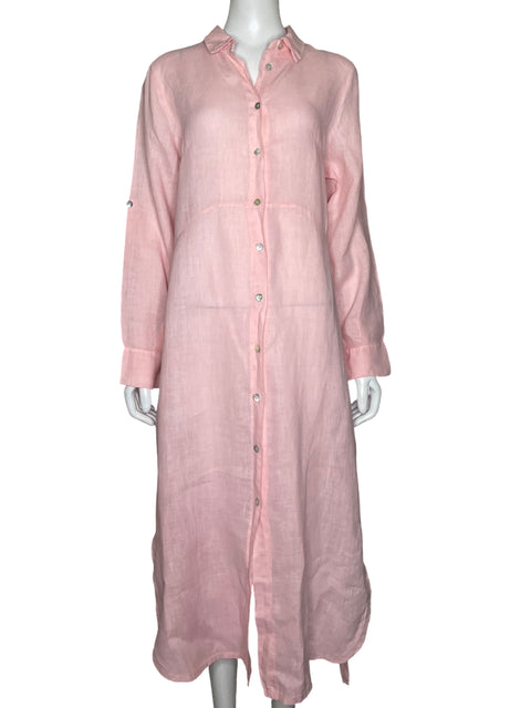 Vestido Puro Lino Camisero Rosado - Talla L