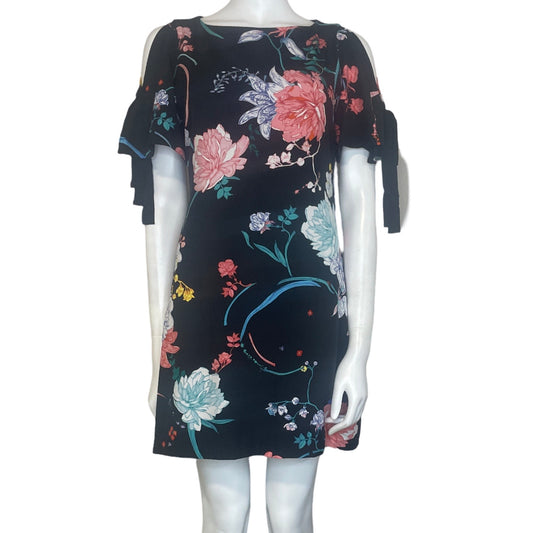 Vestido Adriana Papell Lazos Hombros Flores Negro-Talla 8