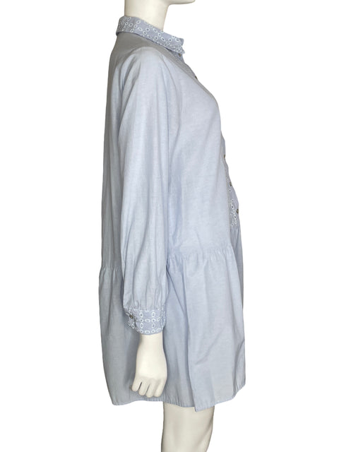 Vestido Zara Camisero Troquelado Azul-Talla M