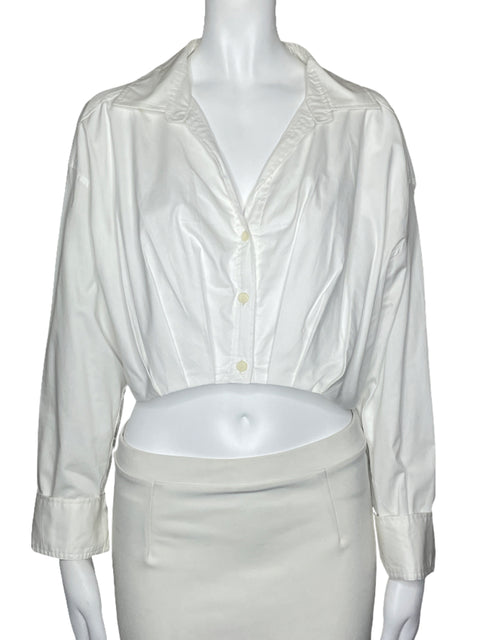 Camisa Zara Crop Pliegues Blanco-Talla L
