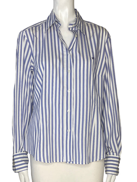 Camisa Carolina Herrerra Manga Larga Líneas Con Botones Azul - Talla 14