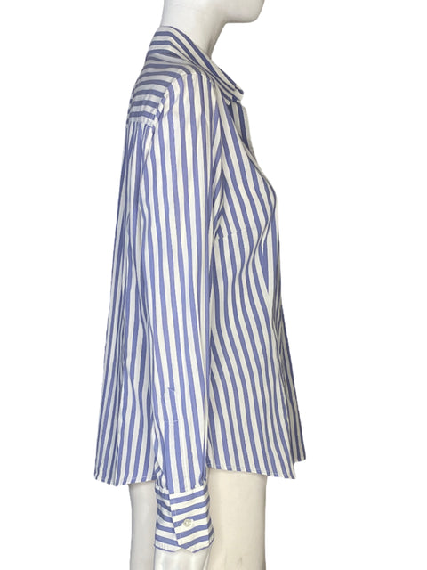 Camisa Carolina Herrerra Manga Larga Líneas Con Botones Azul - Talla 14