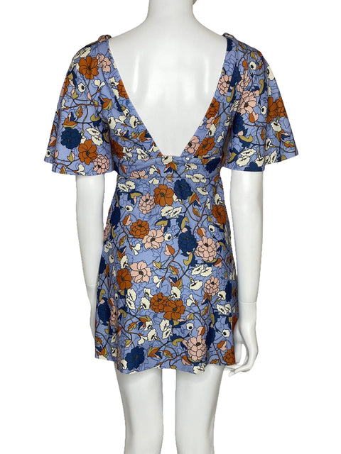 Vestido Zara Floral Escote V Mini Azul-Talla S