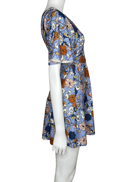 Vestido Zara Floral Escote V Mini Azul-Talla S