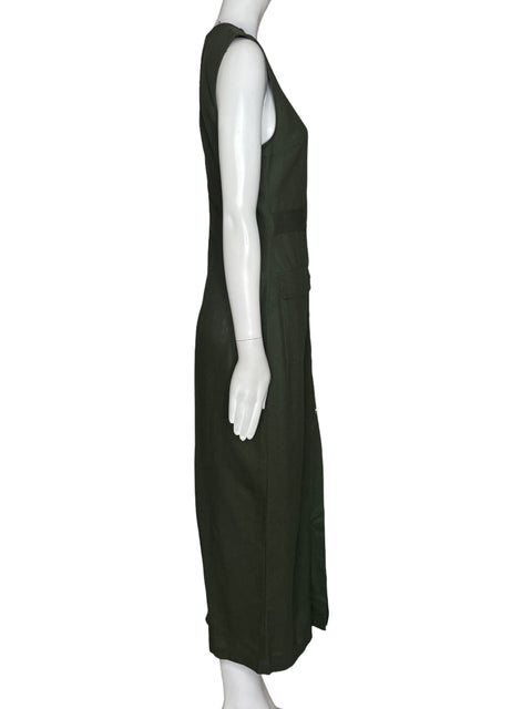 Vestido Zara Midi De Lino Cuello Rendodo Verde - Talla XS