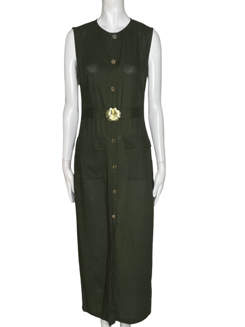 Vestido Zara Midi De Lino Cuello Rendodo Verde - Talla XS