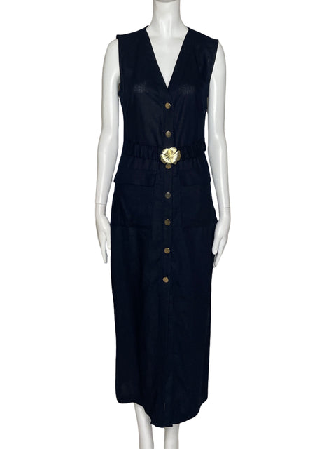 Vestido Zara Midi De Lino Cuello Rendodo Azul - Talla XS