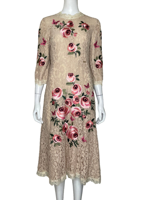 Vestido Banana Encaje Midi Beige-Talla 38