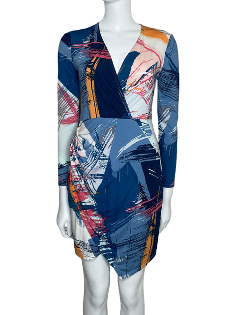 Vestido BCBG Escote V Manga Larga Print Azul-Talla XXS