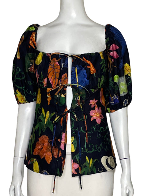 Blusa FarmRio Floral Abullonado Negro-Talla M