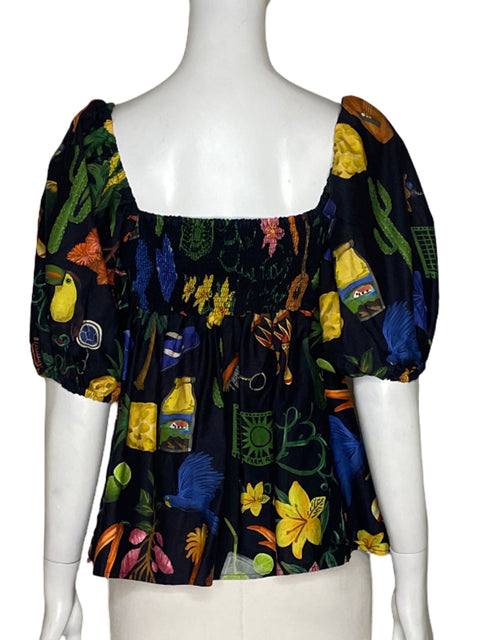 Blusa FarmRio Floral Abullonado Negro-Talla M