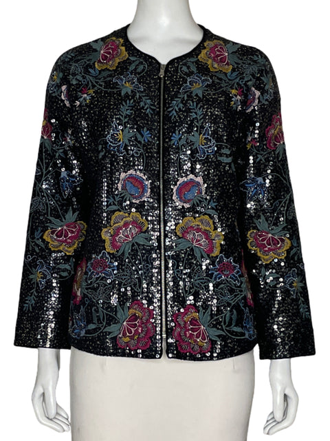 Chaqueta Zara TRF Lentejuelas Bordado Negro-Talla M