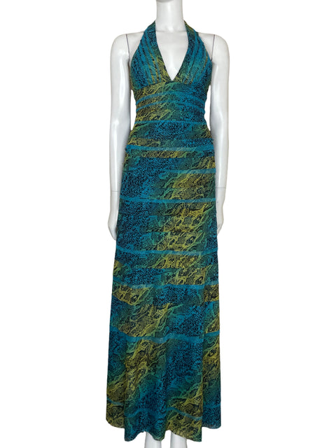 Vestido BCBG Vuelos Estampado Halter Azul-Talla 0