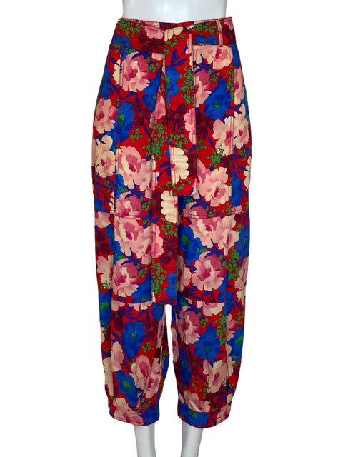 Pantalón Zara Cargo Floral Rojo-Talla L