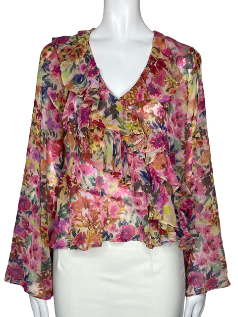 Blusa Zara Floral Vuelos Rosado-Talla XL