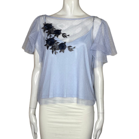 Blusa MNG Bordado Mesh Azul-Talla S