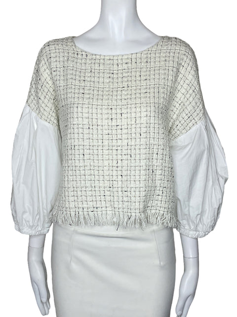 Blusa Zara Tweed Mangas Puff Blanco-Talla M