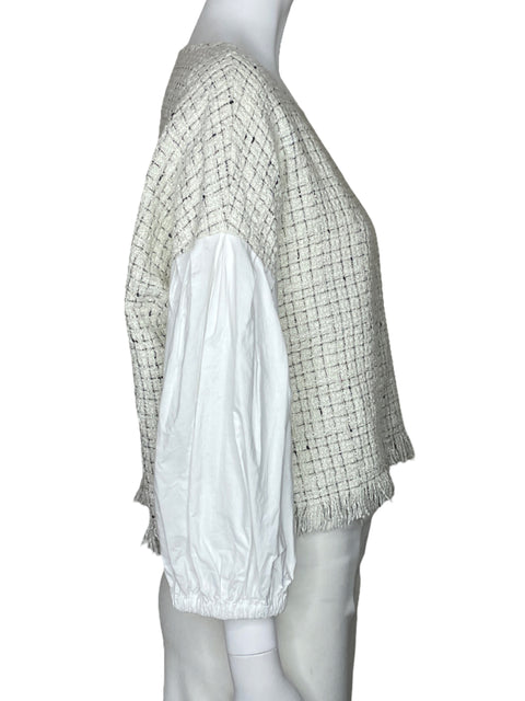 Blusa Zara Tweed Mangas Puff Blanco-Talla M