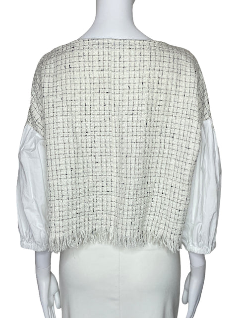 Blusa Zara Tweed Mangas Puff Blanco-Talla M