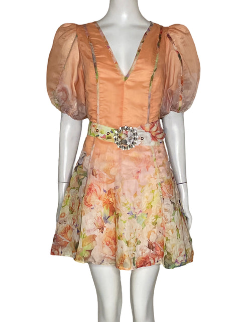 Vestido Latiste Mangas Puff Flores Naranja - Talla S