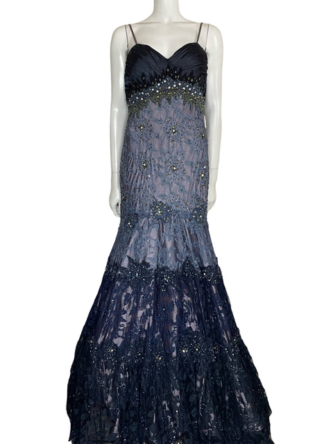 Vestido Mac Duggal Couture Maxi Pedrería Azul-Talla 12