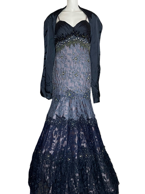 Vestido Mac Duggal Couture Maxi Pedrería Azul-Talla 12