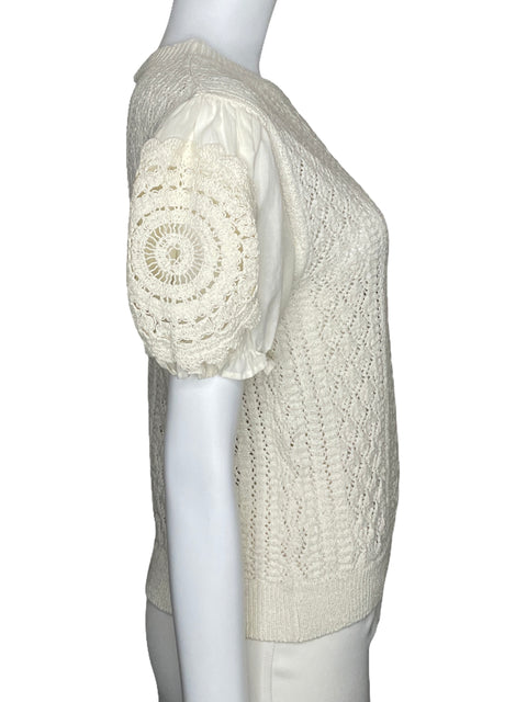 Top Zara Bordado Manga Corta Blanco-Talla M