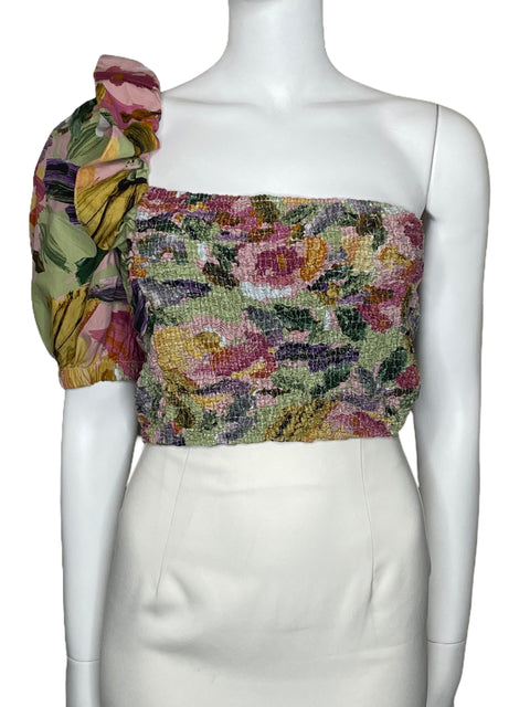 Top Zara One Shoulder Floral Verde-Talla M