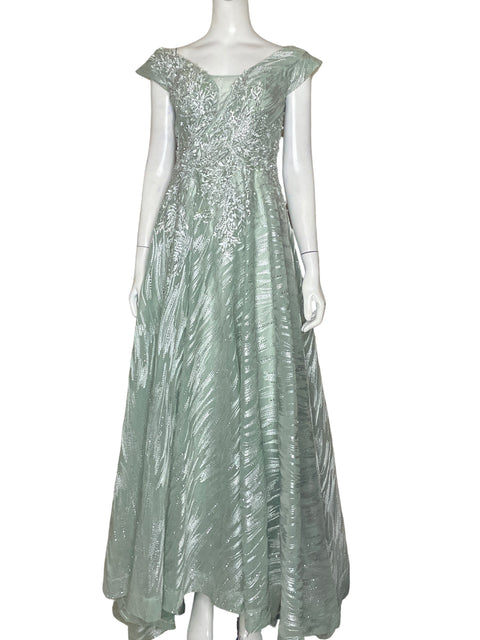 Vestido Image Couture Encaje Detalles Plumas Azul - Talla 36