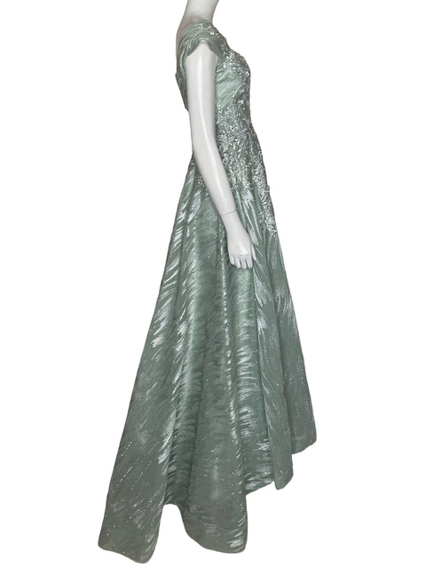 Vestido Image Couture Encaje Detalles Plumas Azul - Talla 36