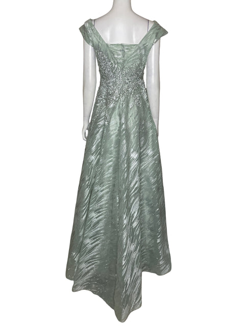 Vestido Image Couture Encaje Detalles Plumas Azul - Talla 36