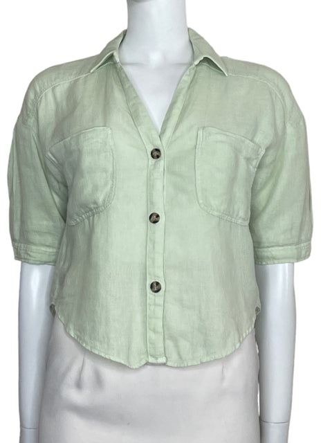 Camisa Zara Bolsillos Manga Corta Verde-Talla XS